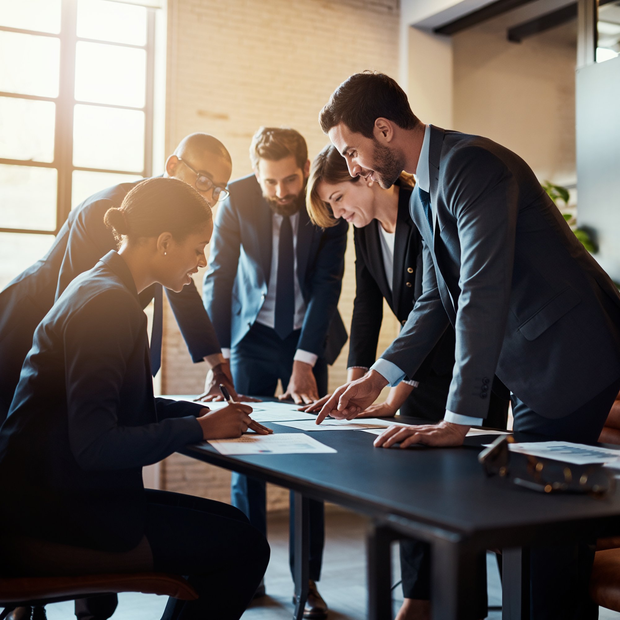 Firefly_Corporate photography of a diverse financial advisory team collaborating around a con 7428